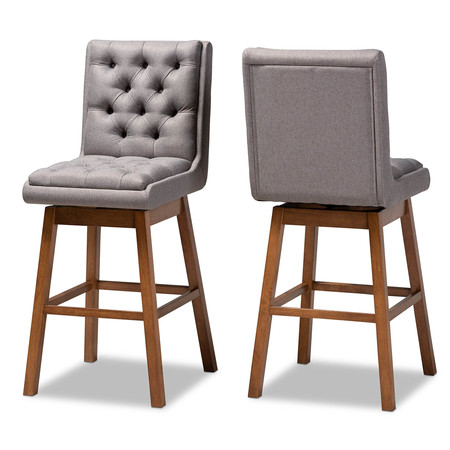 BAXTON STUDIO Gregory Grey Upholstered and Walnut Wood 2-Piece Swivel Bar Stool Set 164-10288